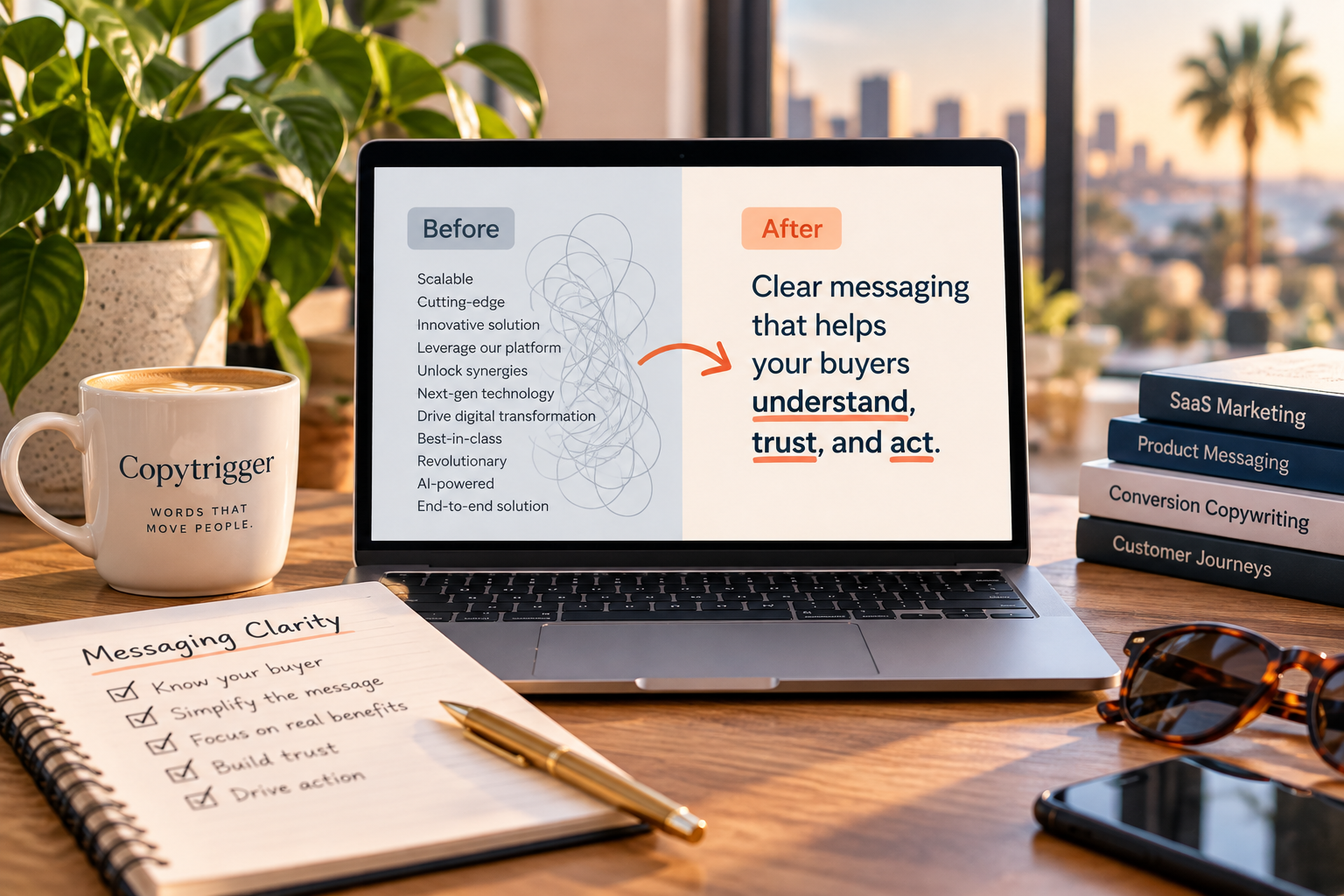 B2B SaaS messaging shown moving from jargon to clear, buyer-focused copy.