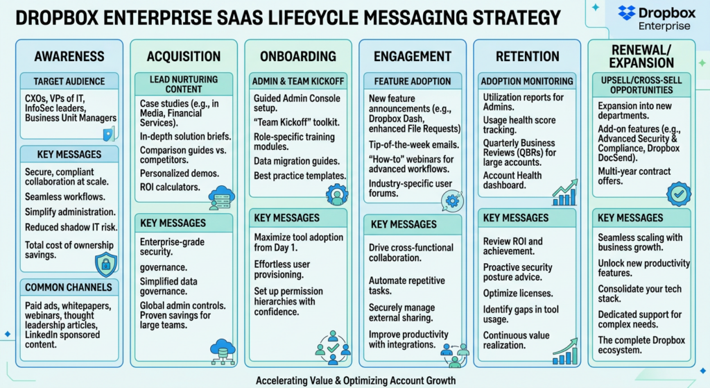 Dropbox Enterprise SaaS lifecycle messaging strategy showing awareness, acquisition, onboarding, engagement, retention, and renewal/expansion stages with key messages and channels.