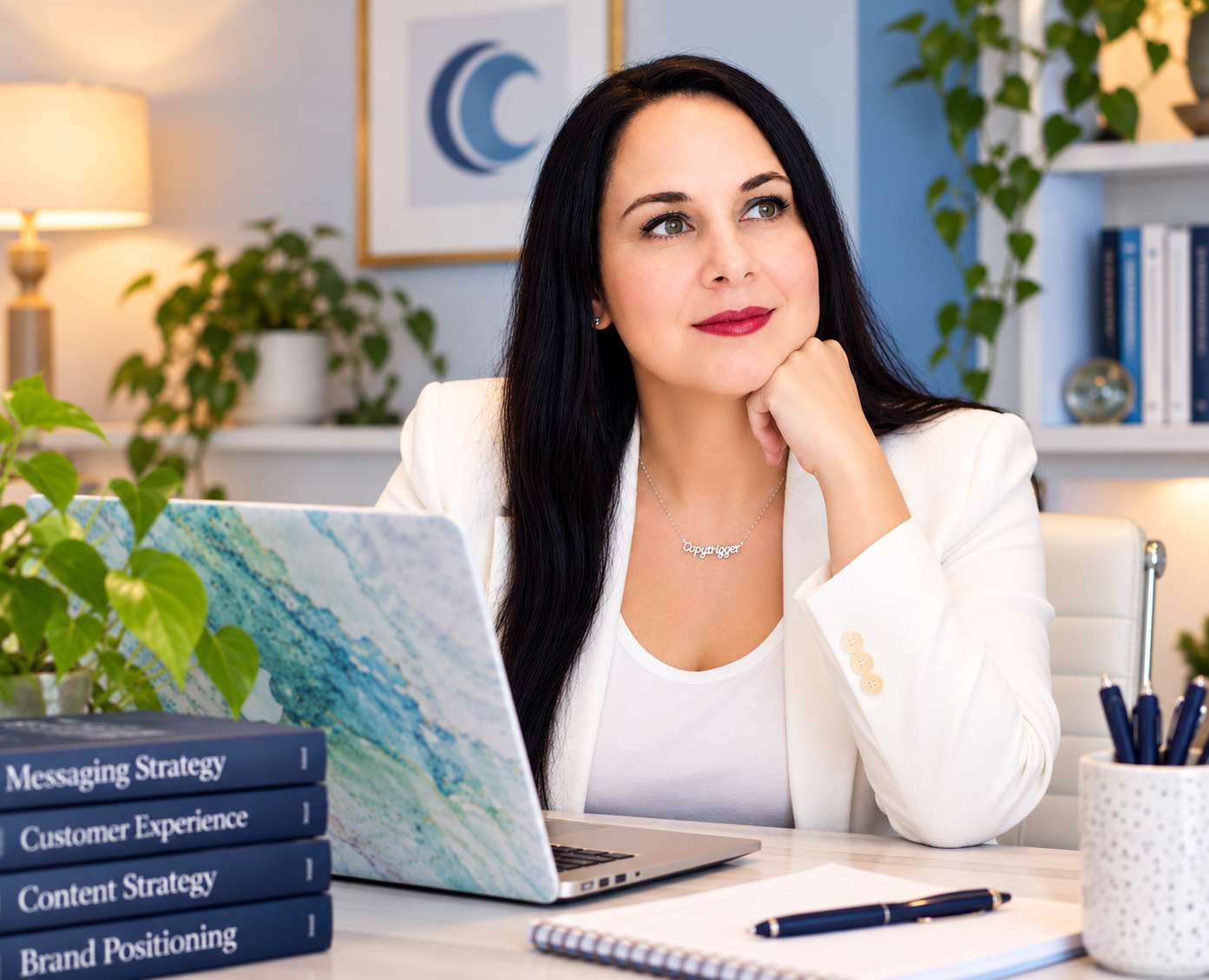 Heather C. Orr, founder of Copytrigger, working at her laptop in a bright office.