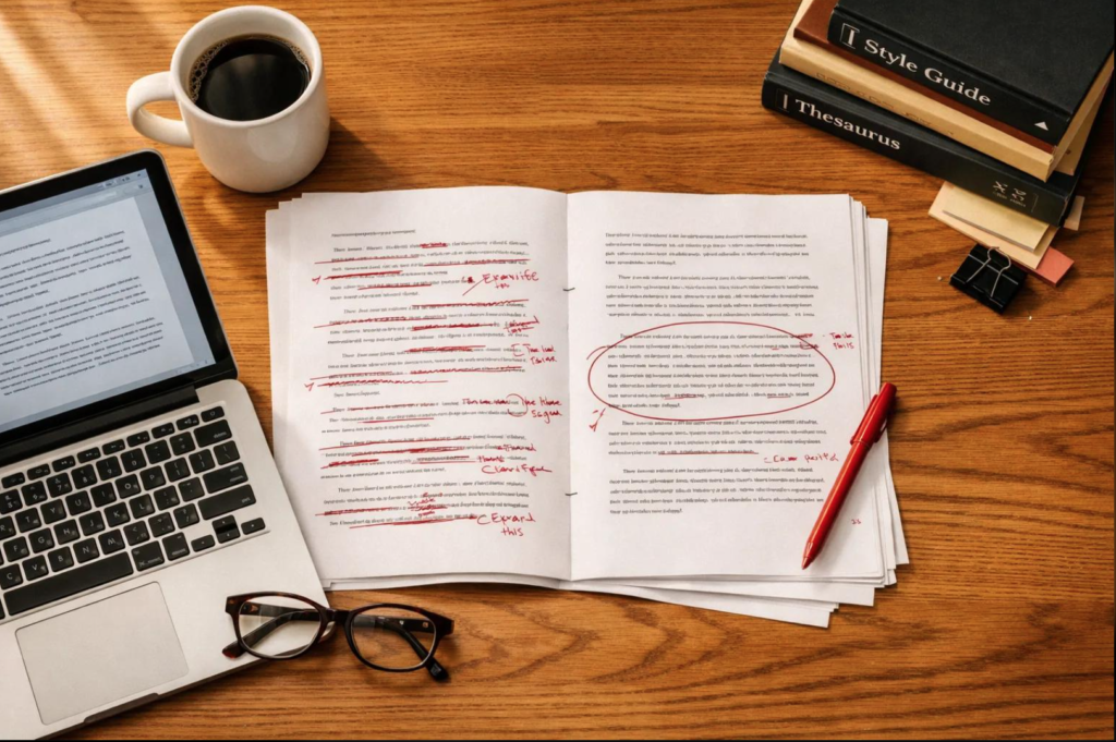 Handwritten sales letter with red editorial notes questioning generic claims, audience relevance, and supporting evidence.