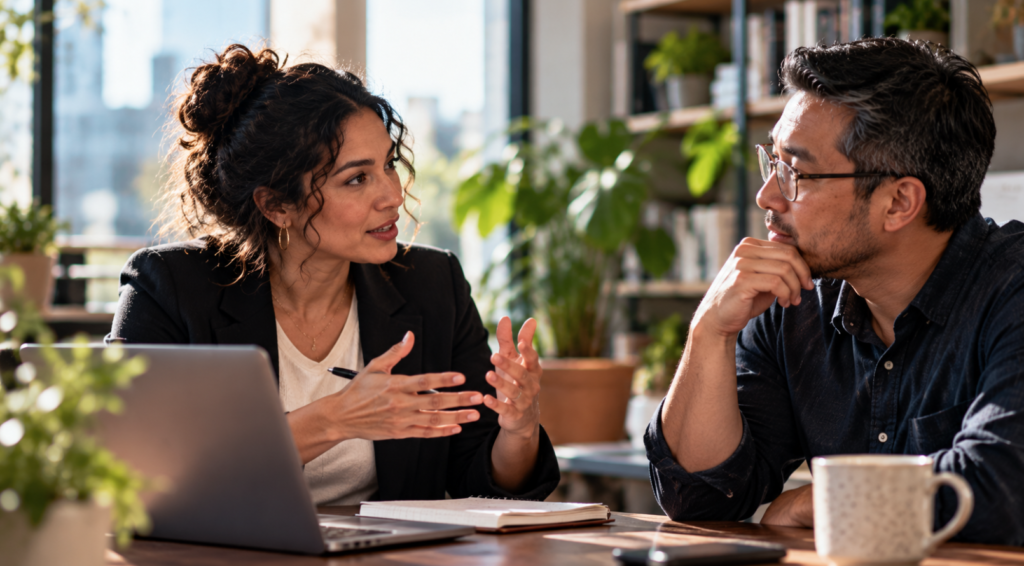 Woman explaining an idea during a professional conversation while a man listens attentively across the table.